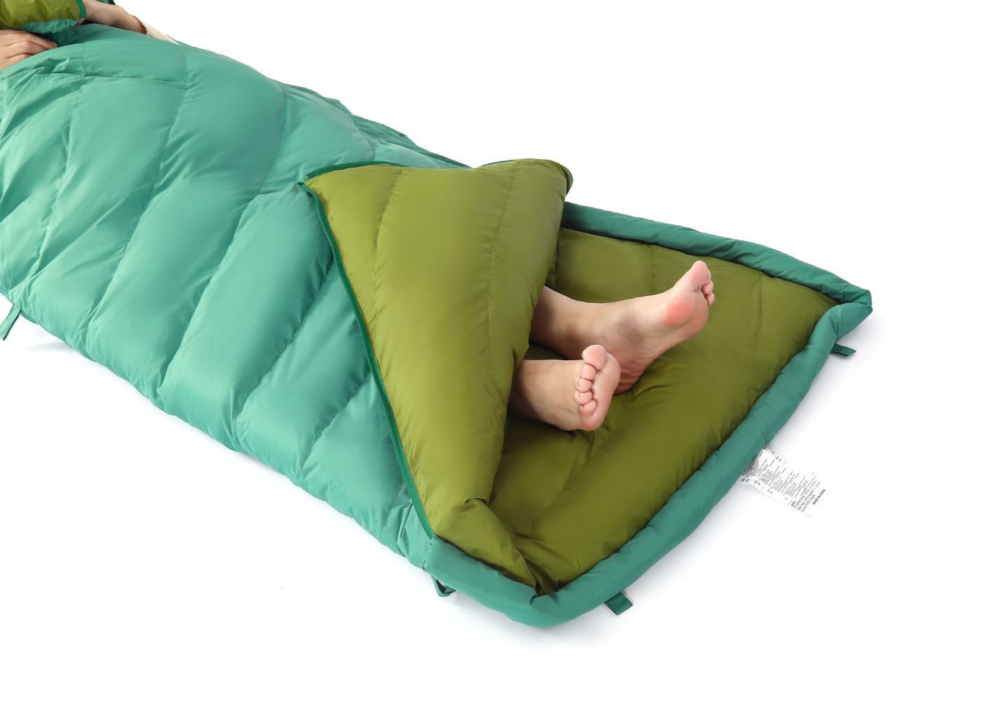 Lightweight and soft material of down sleeping bag shown in close-up view