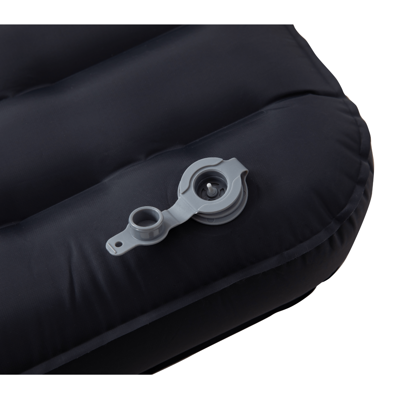 Black Self inflating sleeping pad showing durable fabric and quick air valve design
