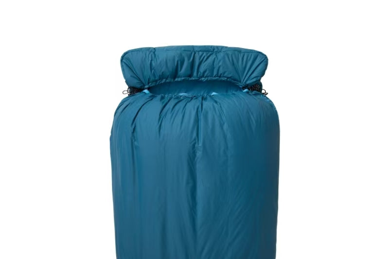 Close-up of blue sleeping bag double zipper and precise stitching