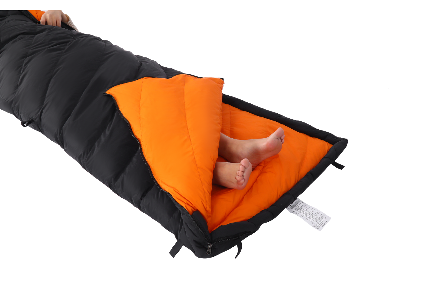 Lightweight and soft material of down sleeping bag shown in close-up view