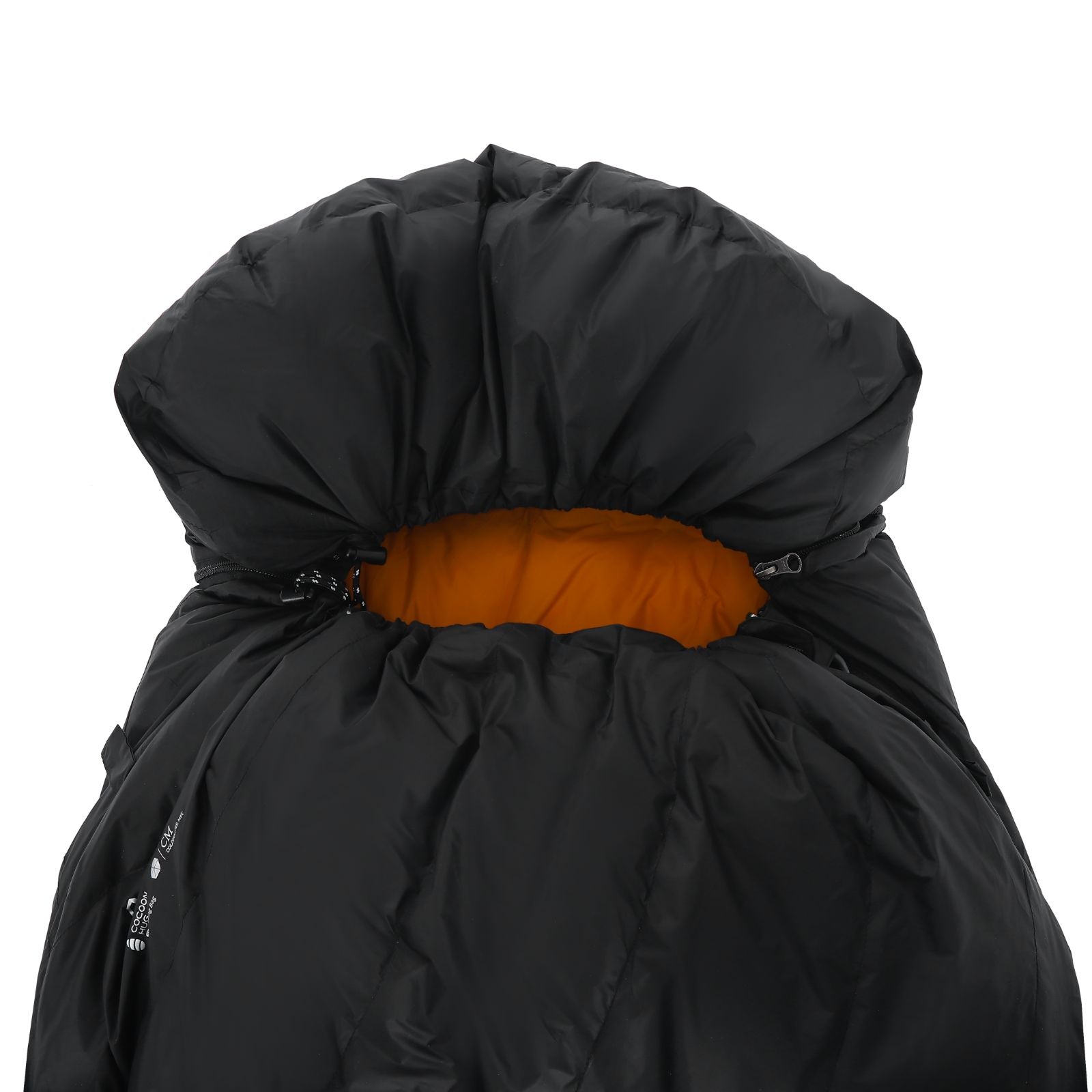 Mummy-style sleeping bag with hood and shoulder insulation for heat retention in cold weather