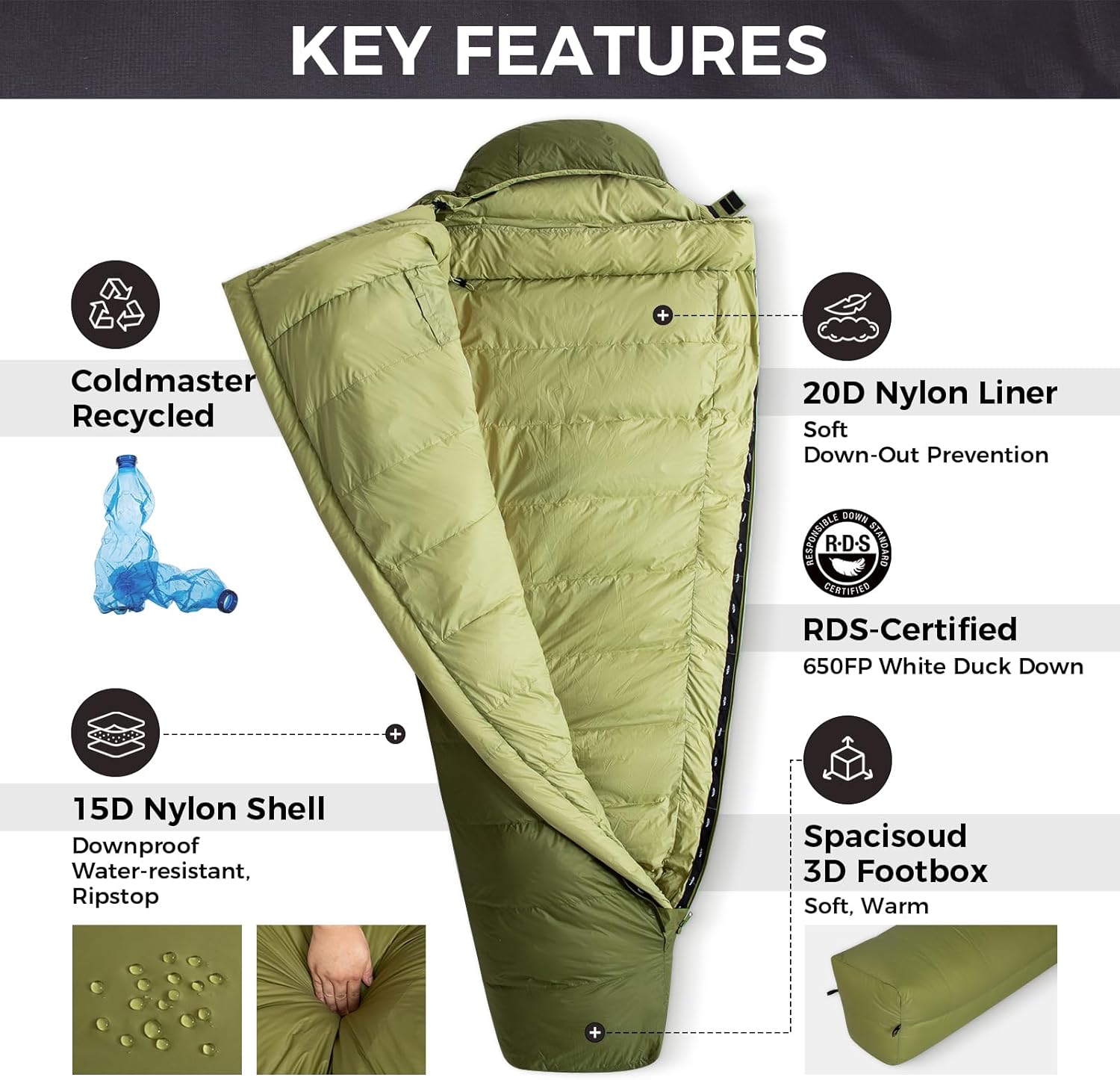 Coldmaster Down Mummy Sleeping Bag 9℉ / 42.8℉ Green