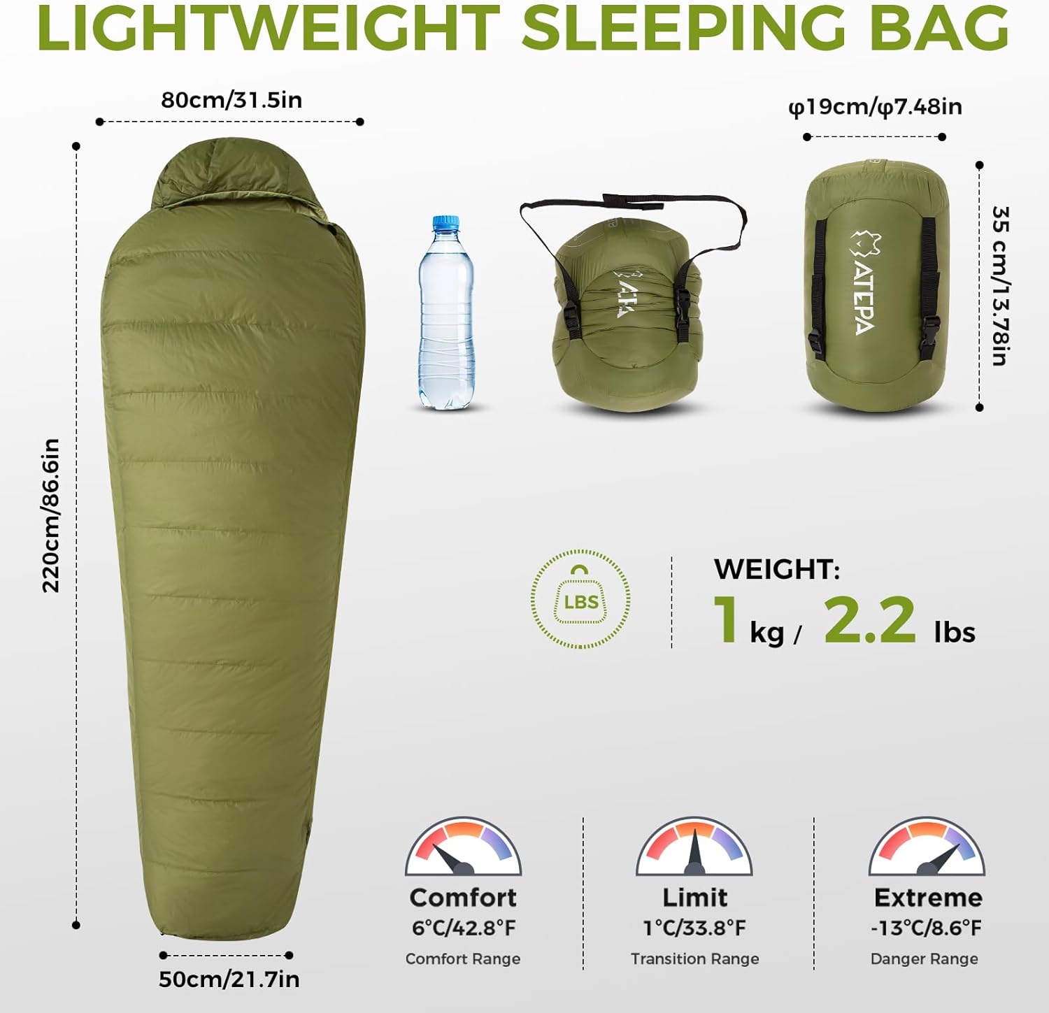 Coldmaster Down Mummy Sleeping Bag 9℉ / 42.8℉ Green