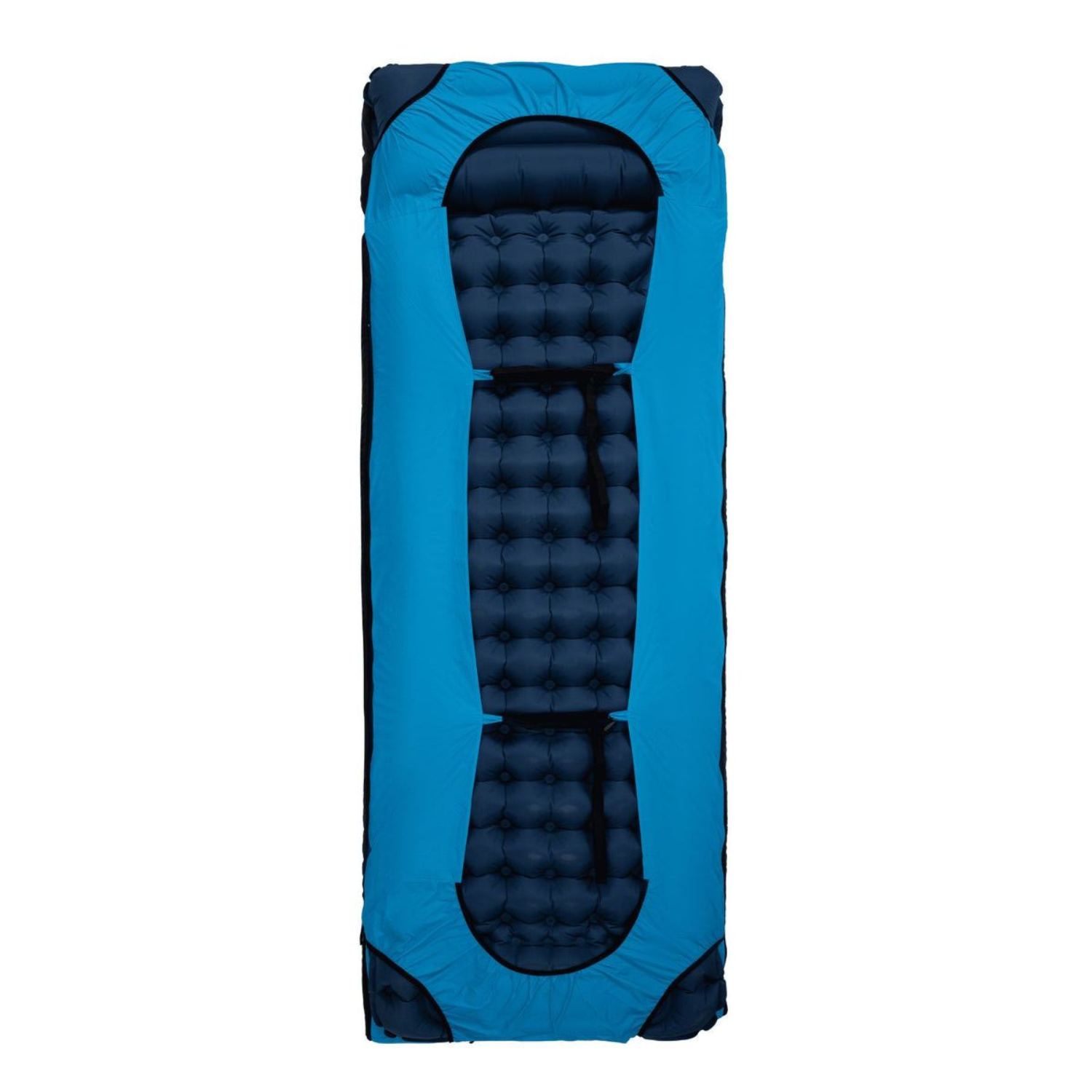 Compact down sleeping bag rolled and packed for easy storage and travel