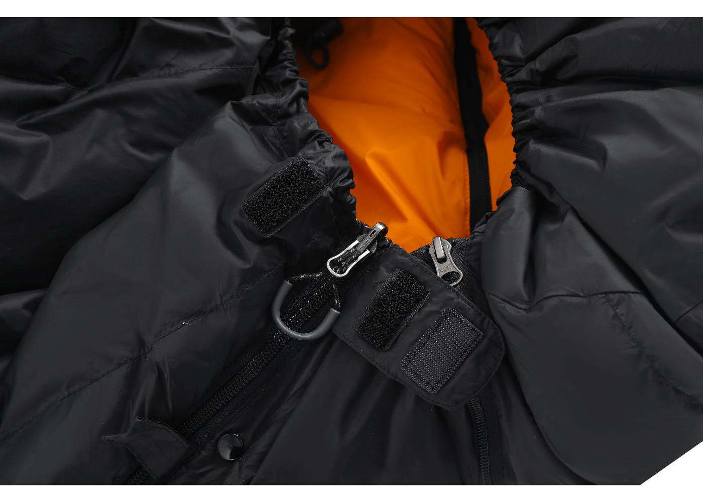 Close-up view of reinforced stitching and double zipper for durability in ultralight sleeping bag