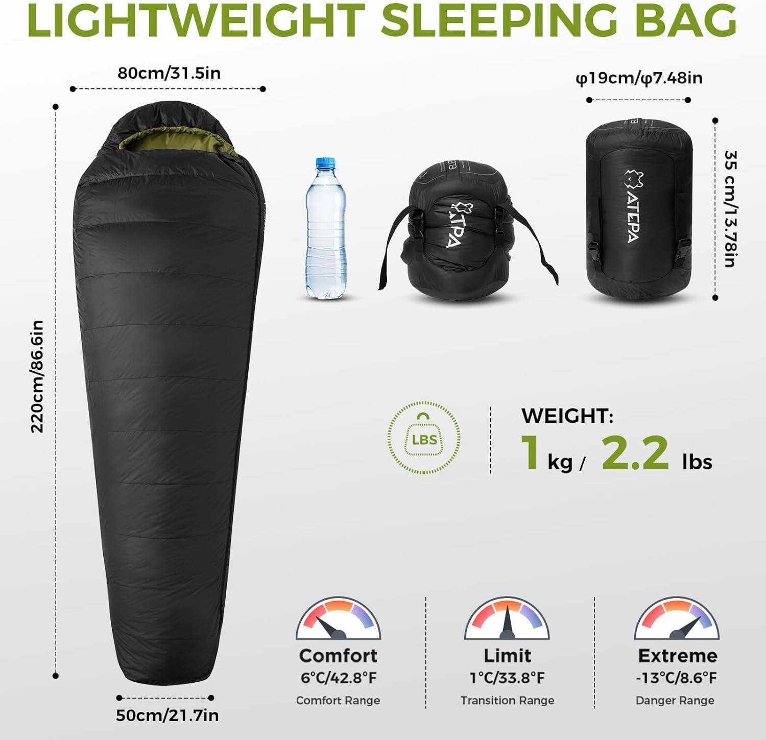 Coldmaster Down Mummy Sleeping Bag 9℉ / 42.8℉ Black