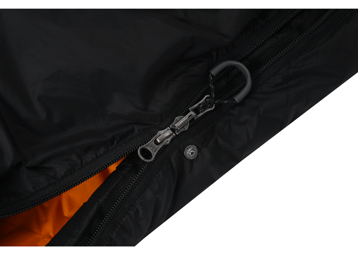 Close-up view of reinforced stitching and double zipper for durability in ultralight sleeping bag