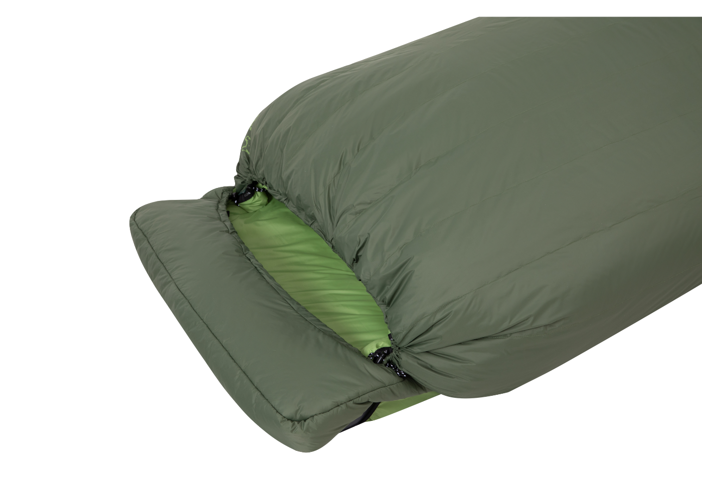 Insulated hood and shoulder baffle of  down sleeping bag to retain body heat
