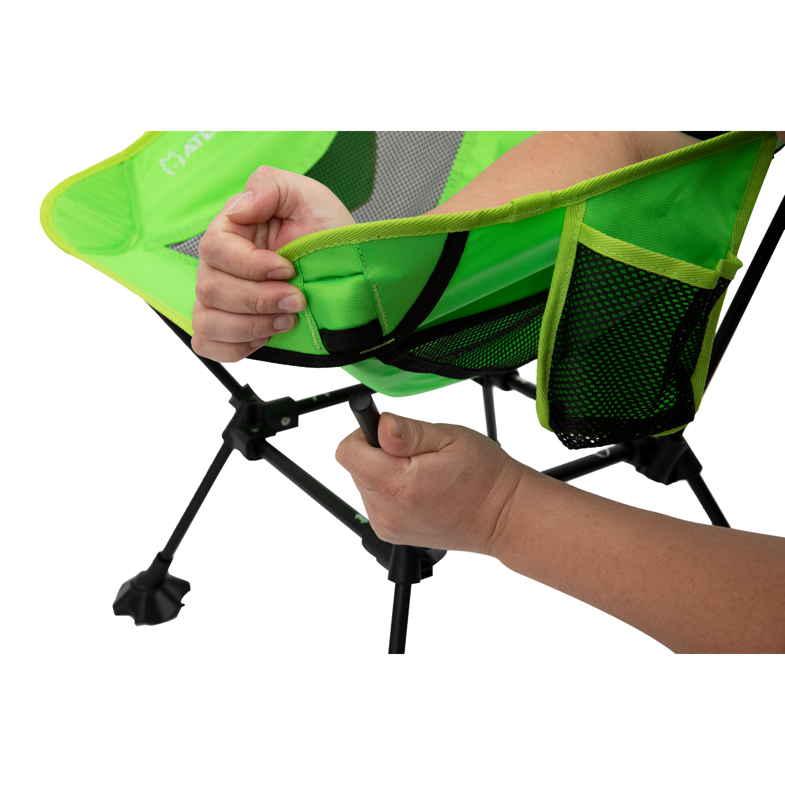 Step-by-step folding view of tall camping chair with lightweight frame
