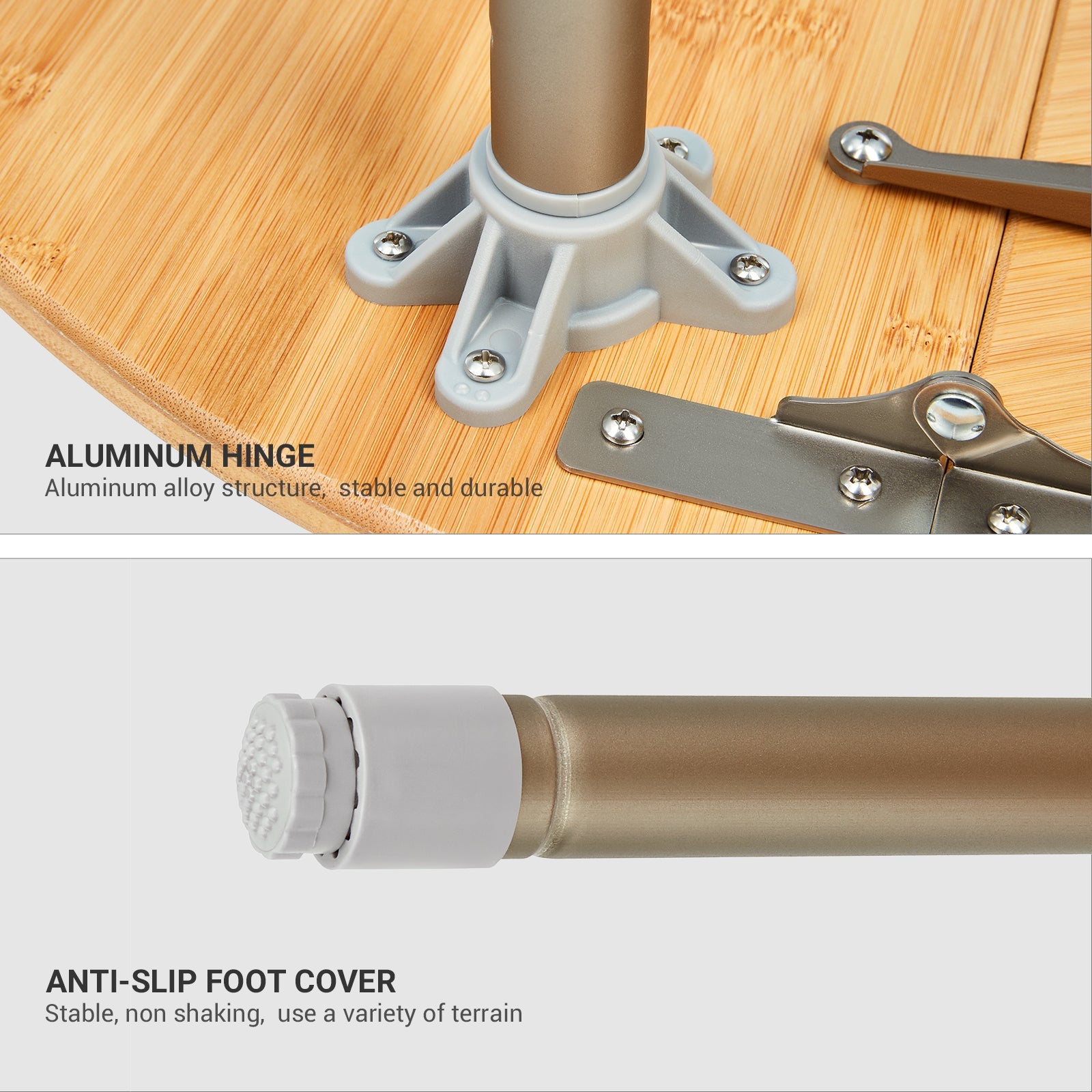 Bamboo foldable camping camp table designed for quick setup