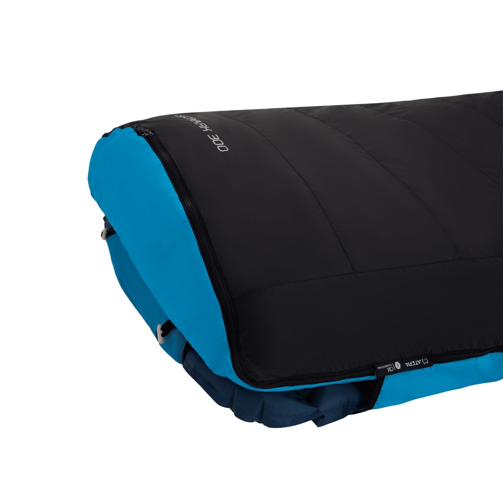 Full view of black down sleeping bag showing overall shape, structure, and comfort design