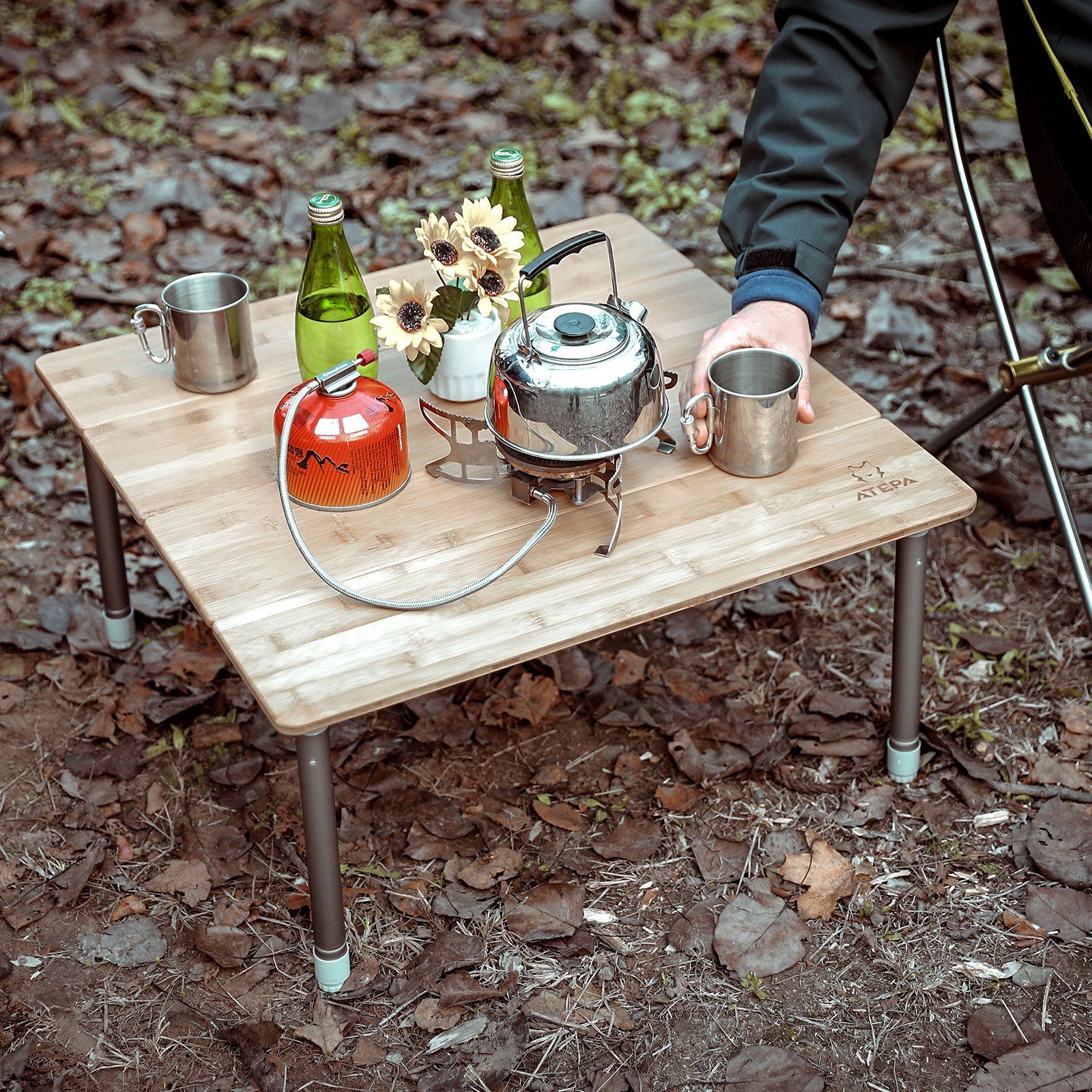 Durable bamboo camping table with foldable legs