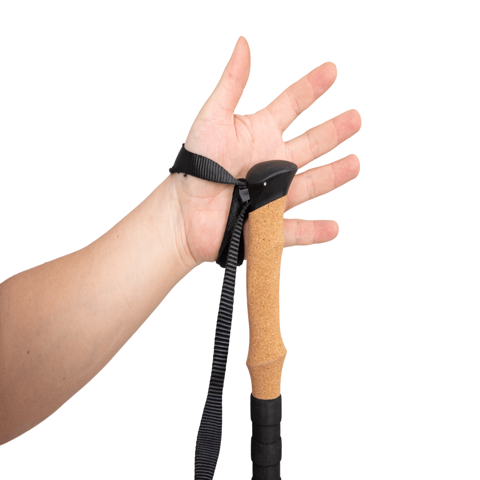 Close-up of foam handle and adjustable wrist strap of hiking poles for comfort grip