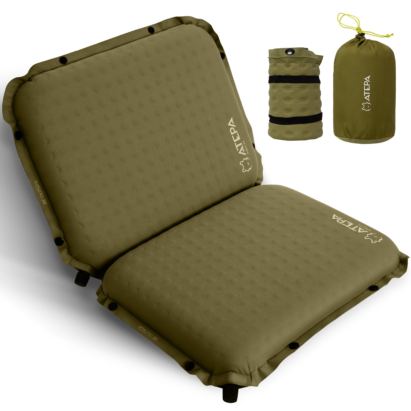 Set of two olive Unitymarts self-inflating seat cushions designed for camping and backpacking comfort