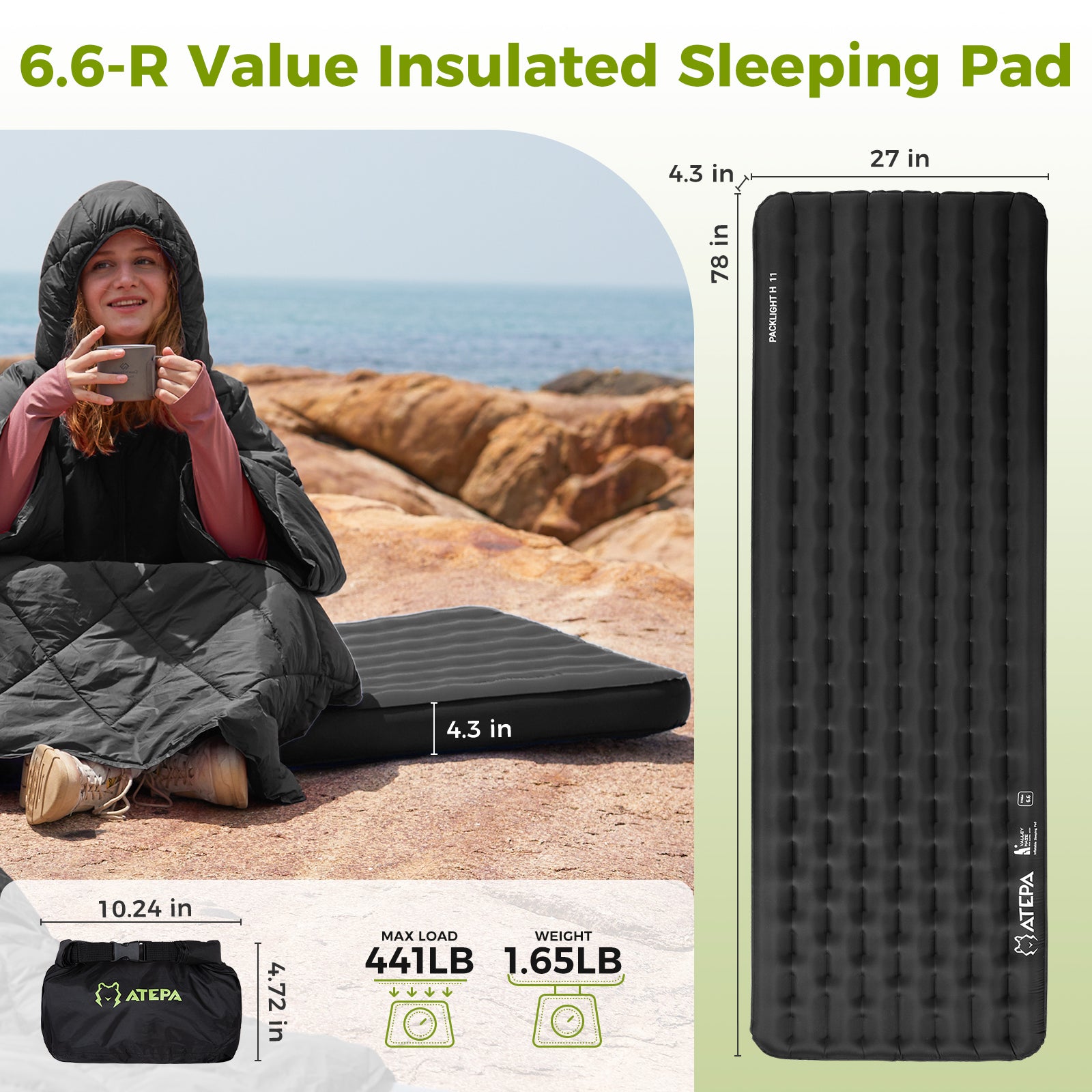 Insulated R Value Sleeping Pad Black for Year-Round Use