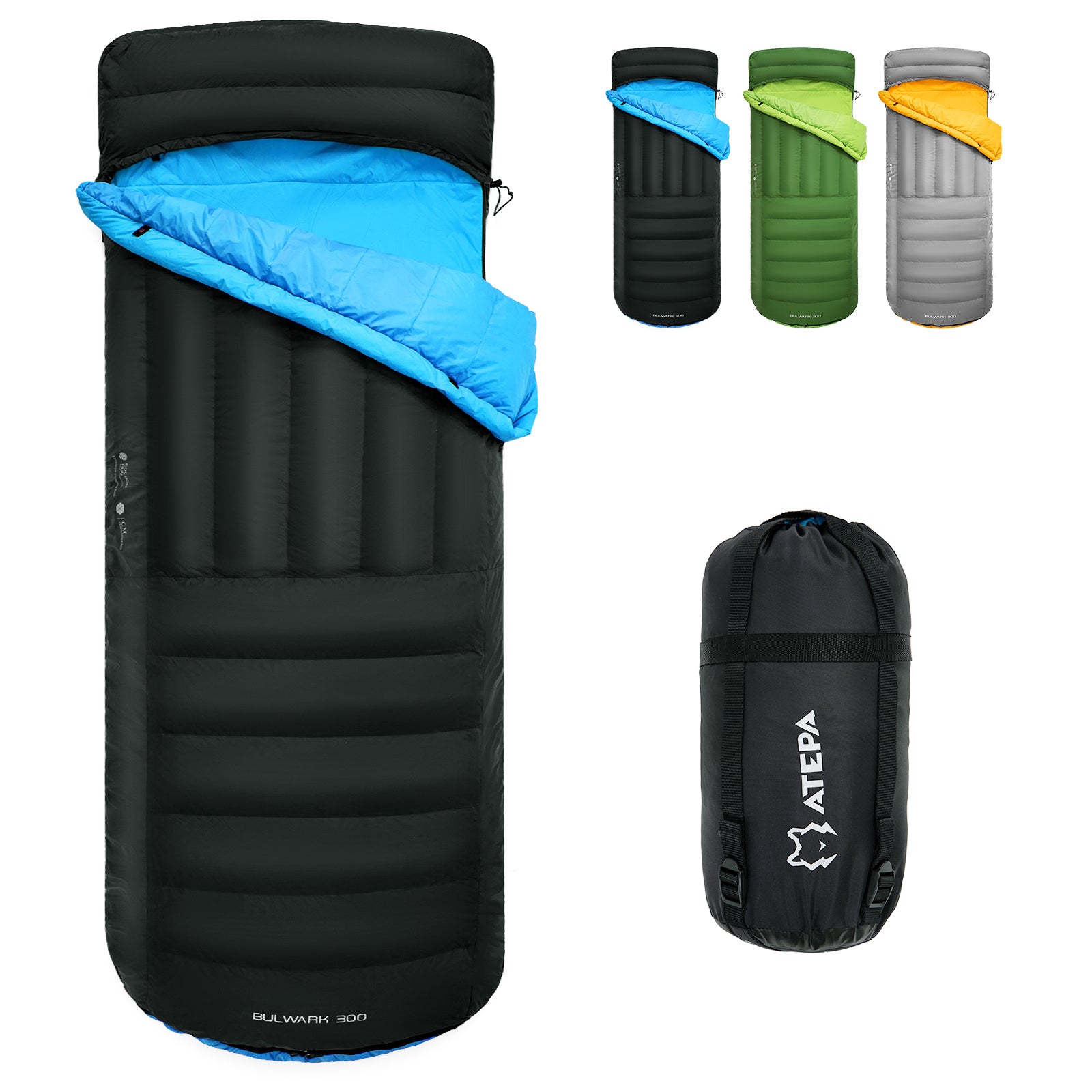 Down sleeping bag showing generous length and width suitable for adult campers