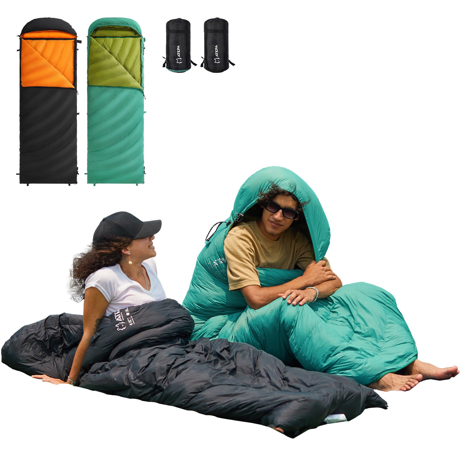 Ultralight sleeping bag in black keeping camper warm during cold-weather camping nights