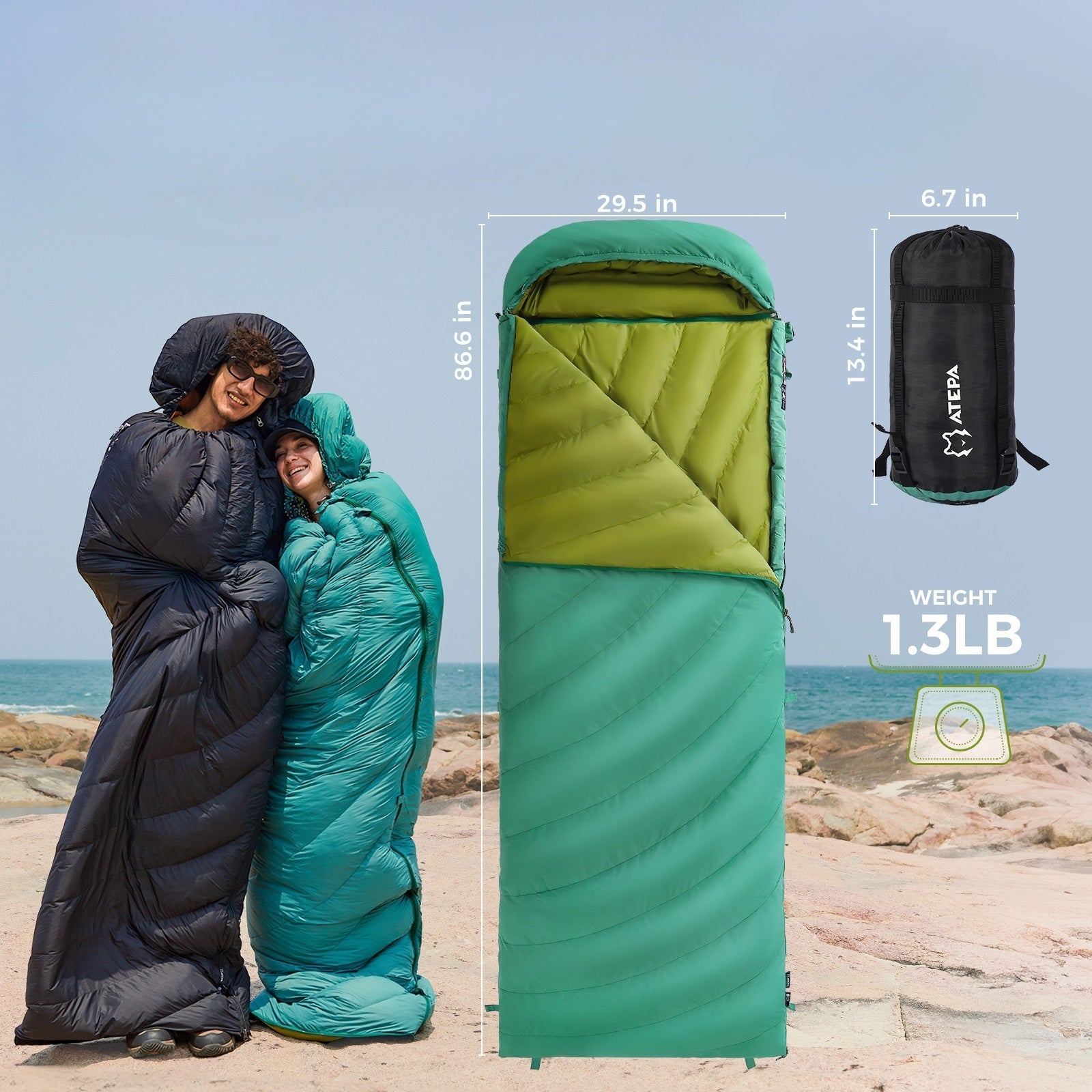 Green down sleeping bag showing its generous size suitable for adult campers