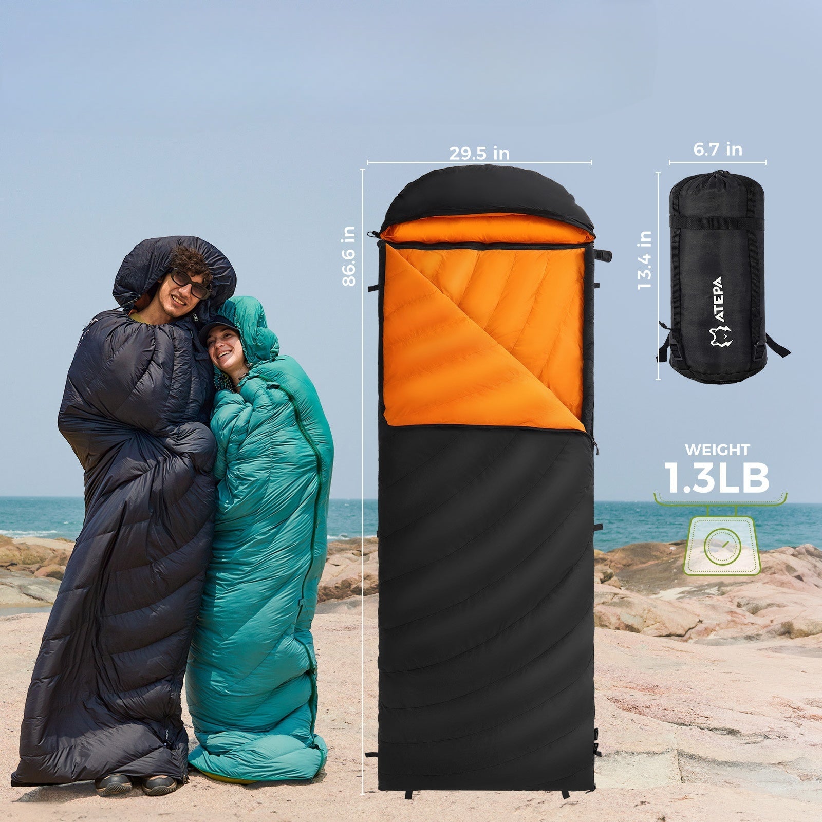 Black down sleeping bag displaying size dimensions suitable for adult backpackers