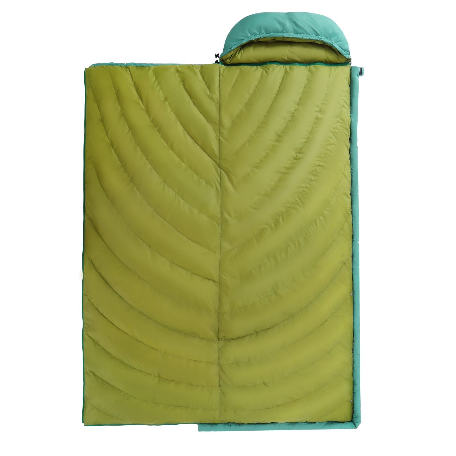 Unitymarts down sleeping bag fully opened in black showing spacious mummy-style interior