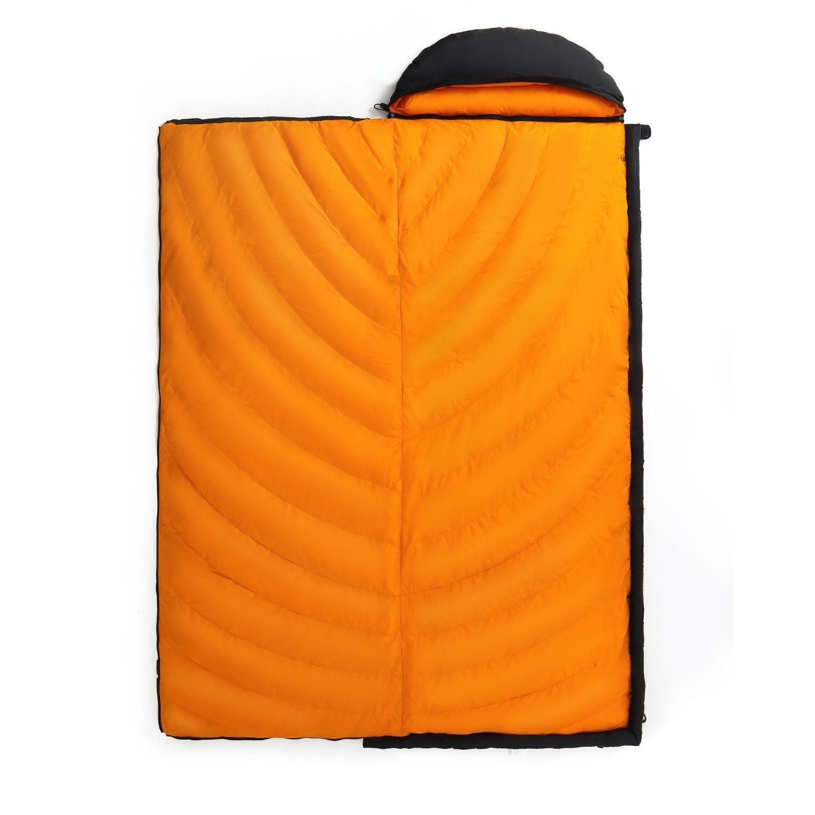Unitymarts down sleeping bag fully opened in black showing spacious mummy-style interior