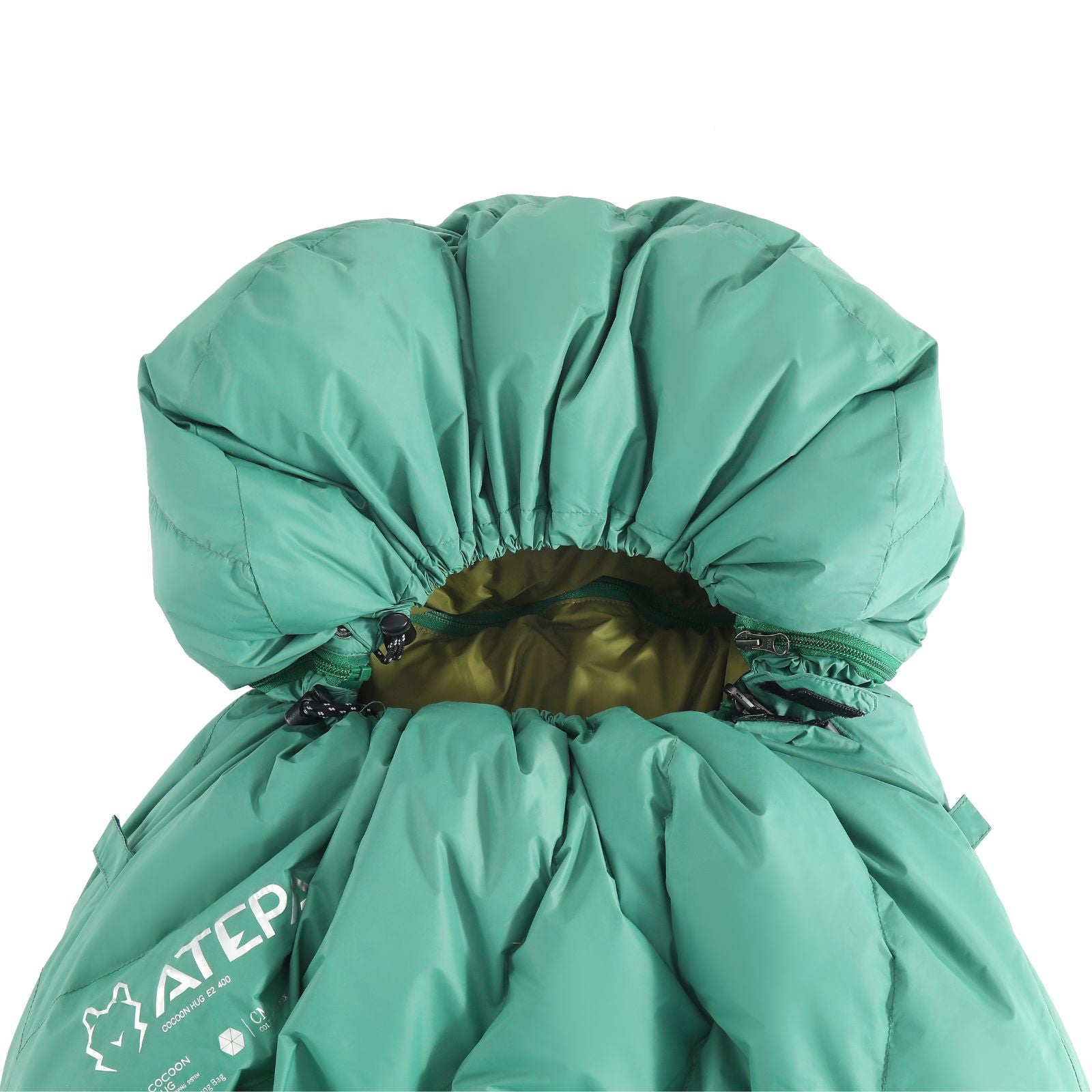 Mummy-style sleeping bag with hood and shoulder insulation for heat retention in cold weather